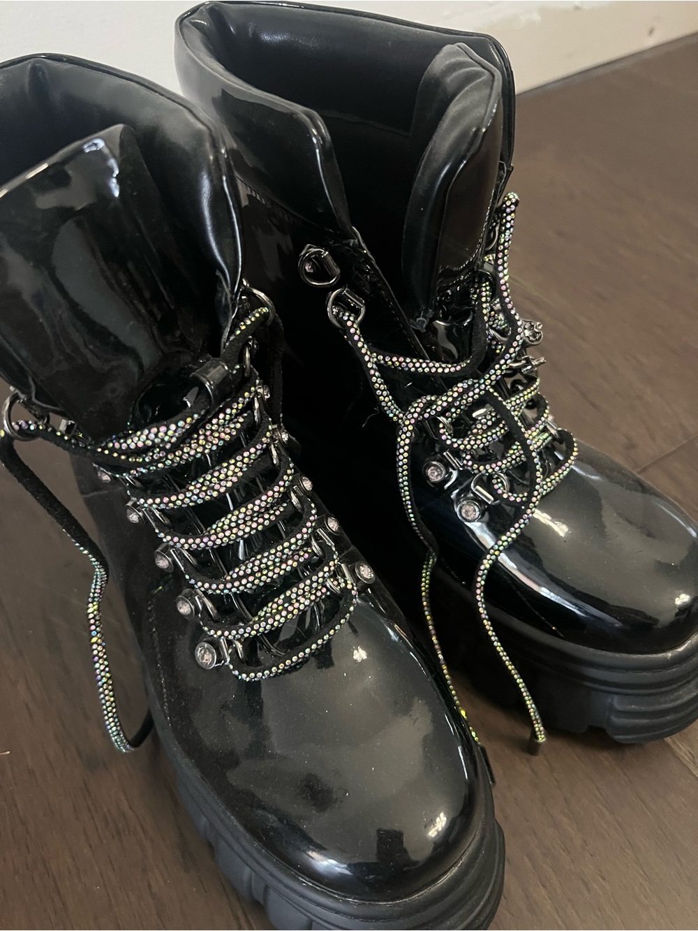 Azalea Wang Black Platform Rhinestone Lace-Up Boots - Picture 2 of 8